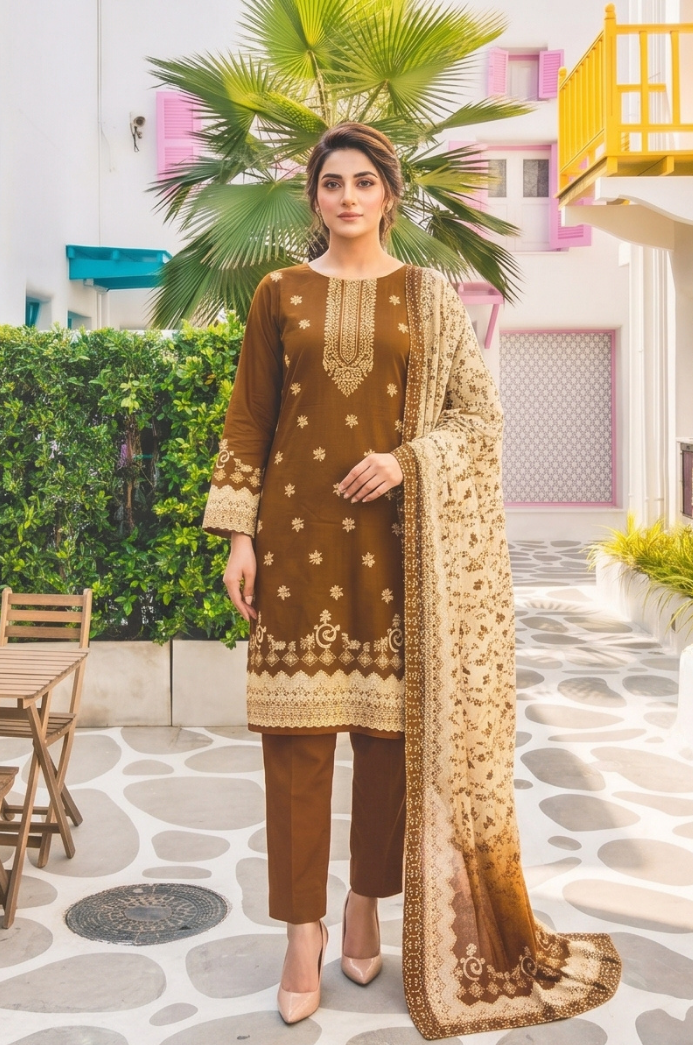 3PC PRINTED LAWN SUIT SR-130