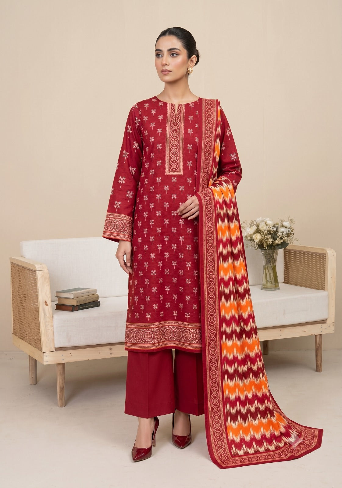 3PC PRINTED LAWN SUIT SR-109
