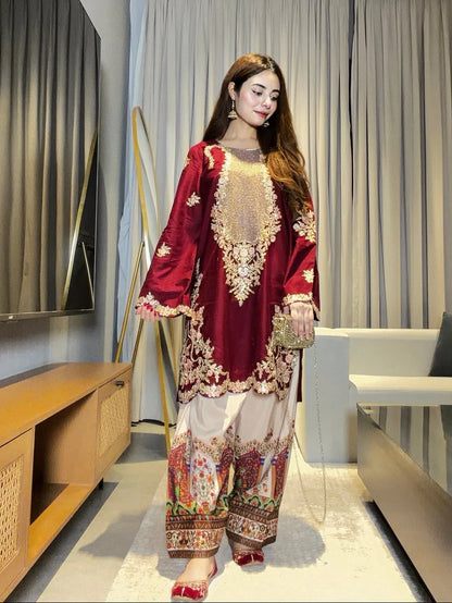 2PC EMBROIDERED KARANDI SUIT - RO-797
