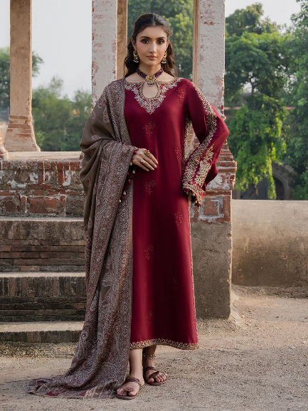 3PC EMBROIDERED DHANAK SUIT RO - 581