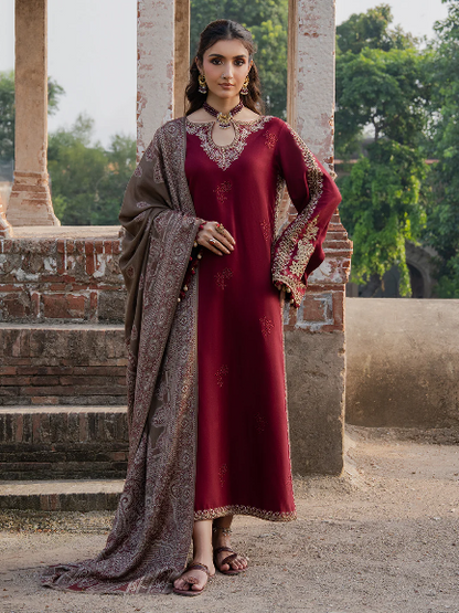 3PC EMBROIDERED DHANAK SUIT RO - 581