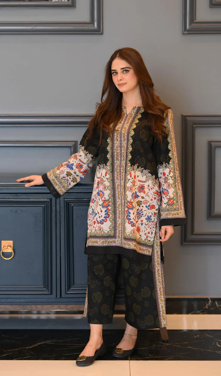 2 PC Stitched Printed Silk Co Ords Set RO - 812