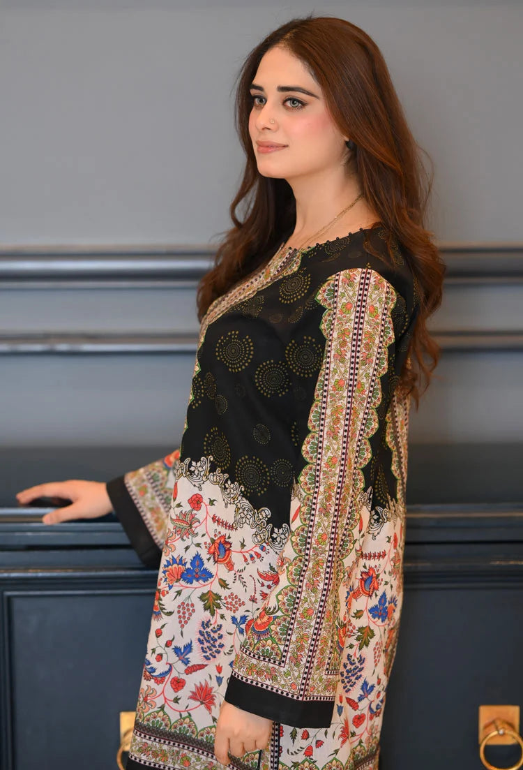 2 PC Stitched Printed Silk Co Ords Set RO - 812
