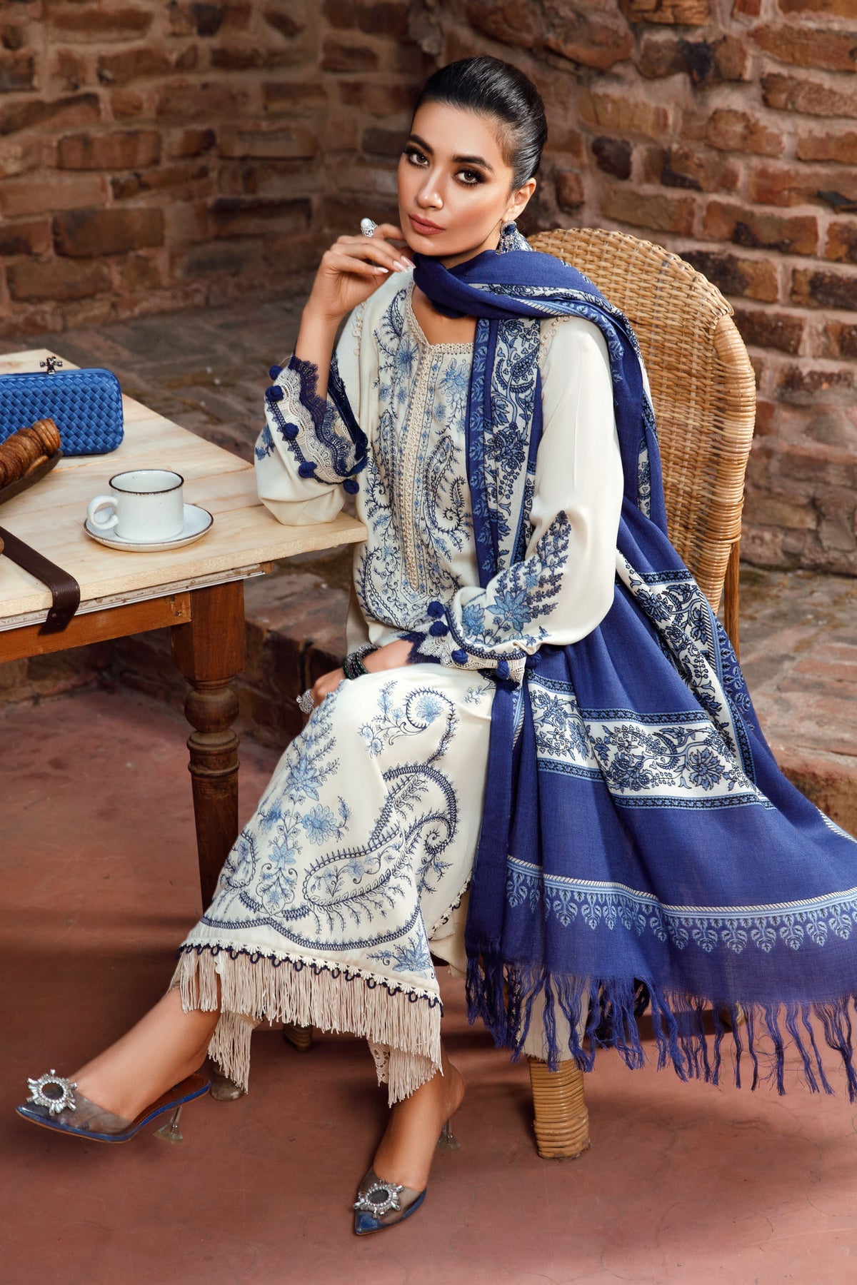 3PC EMBROIDERED DHANAK DRESS RO - 387