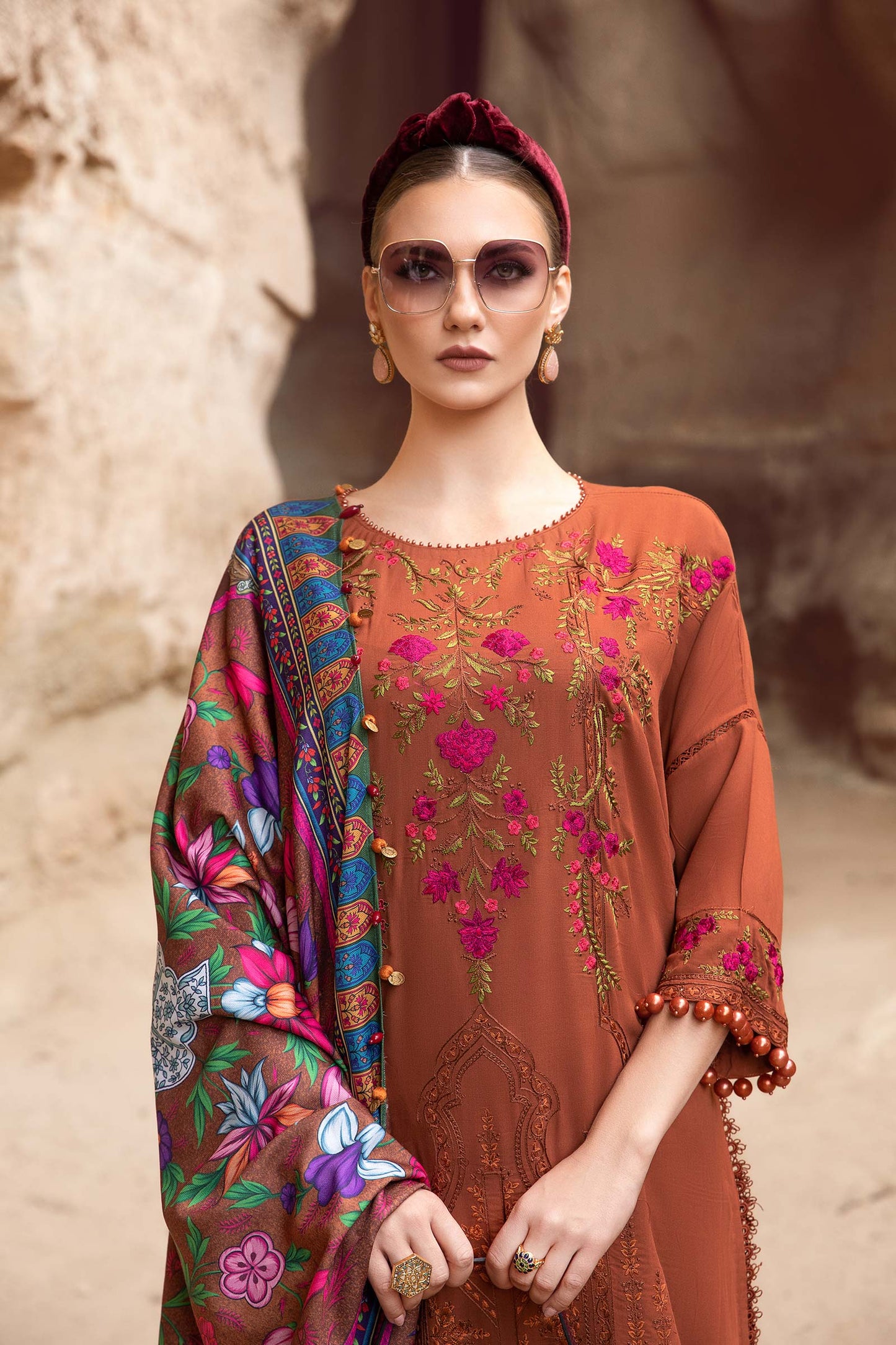 3PC EMBROIDERED DHANAK DRESS RO - 576