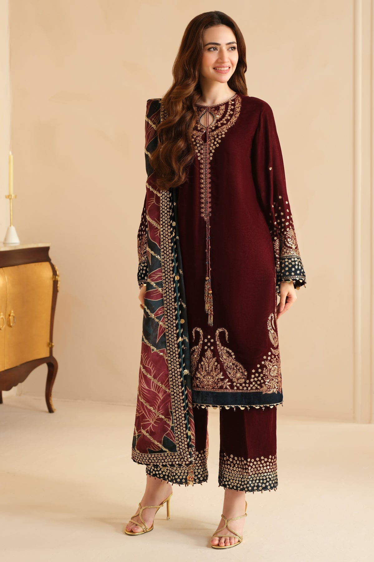3PC EMBROIDERED MICRO 9000 VELVET DRESS - RO-533