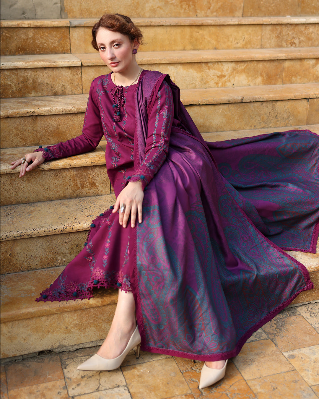 3PC EMBROIDERED DHANAK SUIT - RO-587