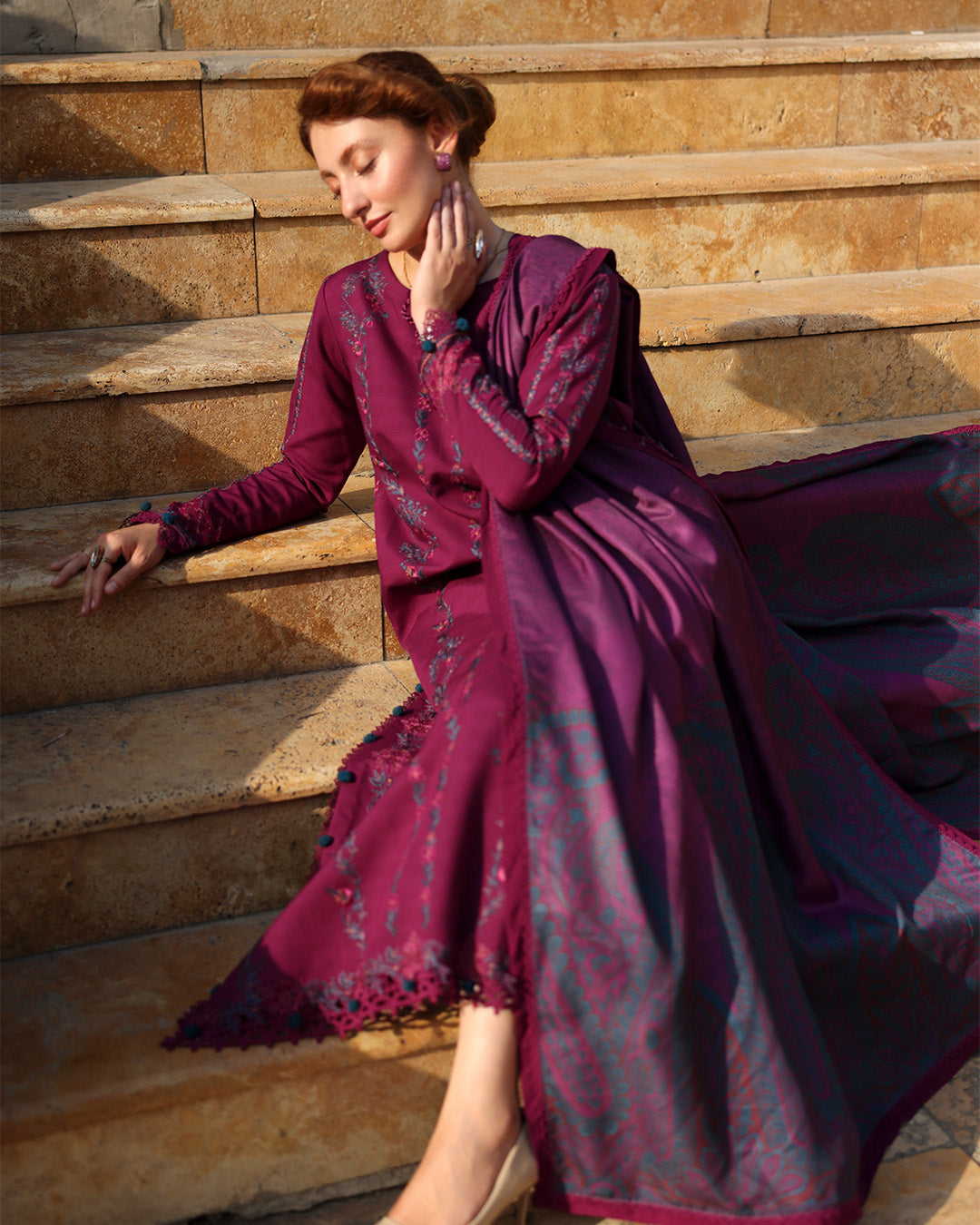 3PC EMBROIDERED DHANAK SUIT - RO-587