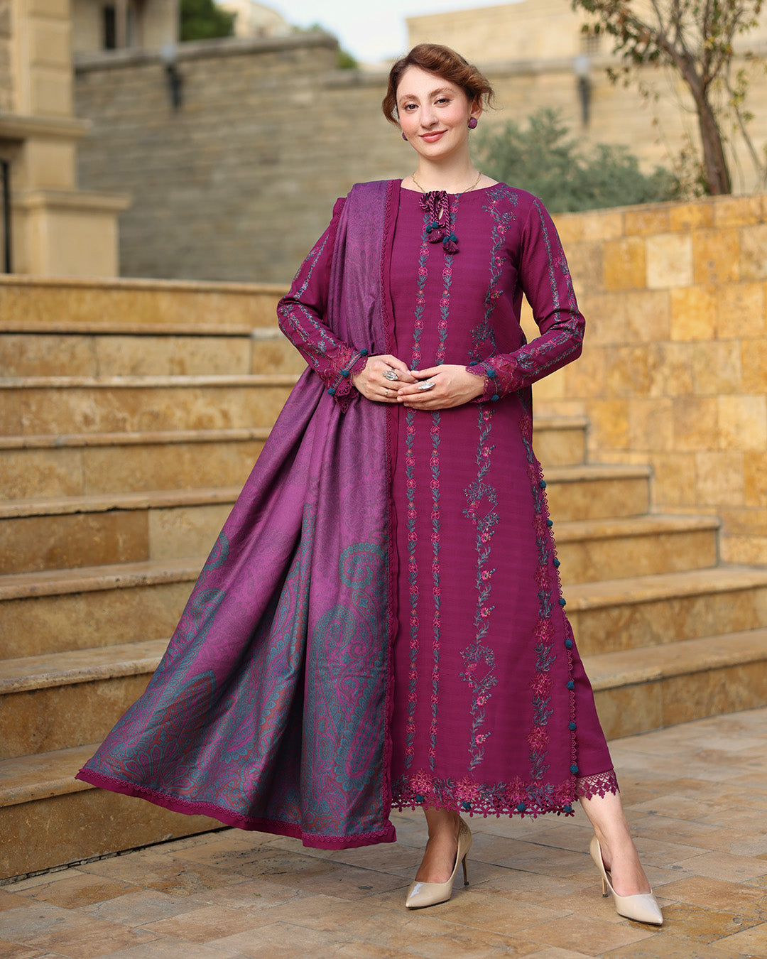 3PC EMBROIDERED DHANAK SUIT - RO-587