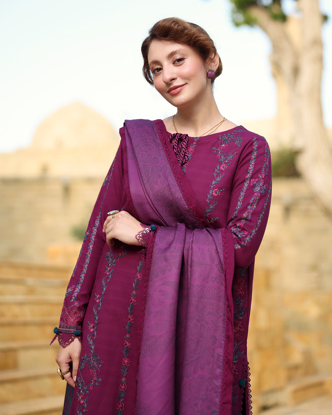 3PC EMBROIDERED DHANAK SUIT - RO-587