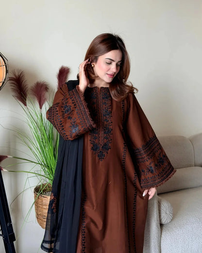 3PC EMBROIDERED DHANAK SUIT - RO-801