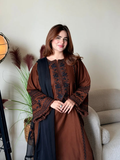 3PC EMBROIDERED DHANAK SUIT - RO-801
