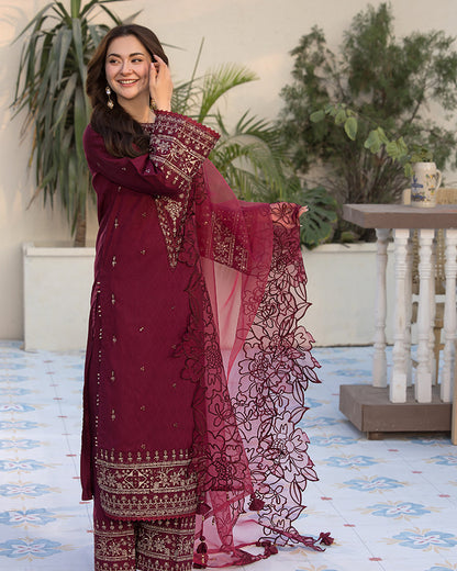 3-PC SEQUENCE EMBROIDED DHANAK SUIT RO - 496