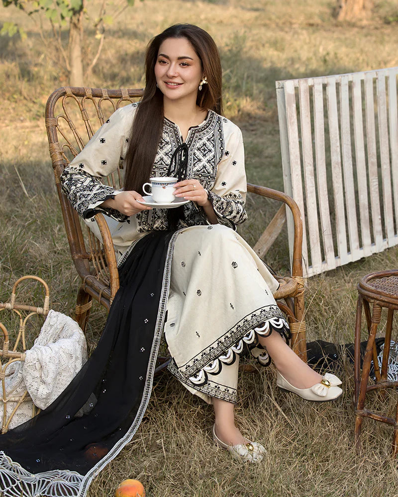 3PC EMBROIDERED DHANAK DRESS RO - 526