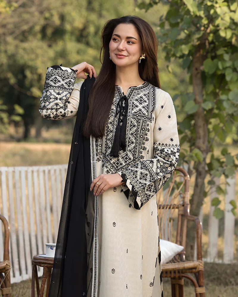 3PC EMBROIDERED DHANAK DRESS RO - 526