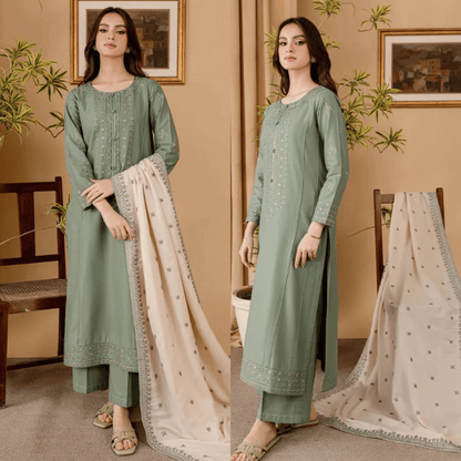 3PC EMBROIDERED DHANAK DRESS RO - 567
