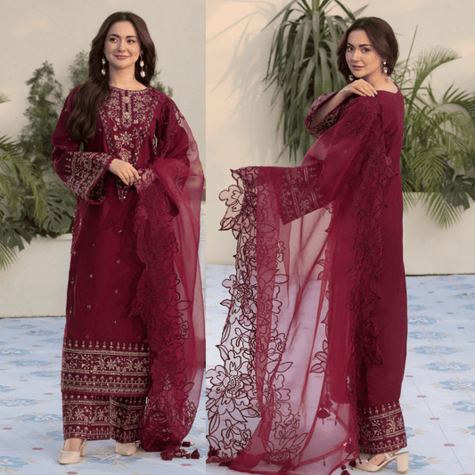 3-PC SEQUENCE EMBROIDED DHANAK SUIT RO - 496