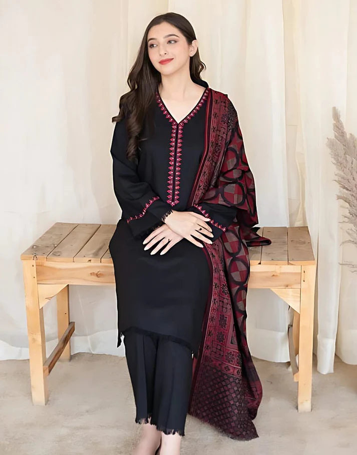 3PC EMBROIDERED DHANAK DRESS RO - 376