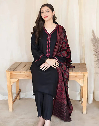 3PC EMBROIDERED DHANAK DRESS RO - 376
