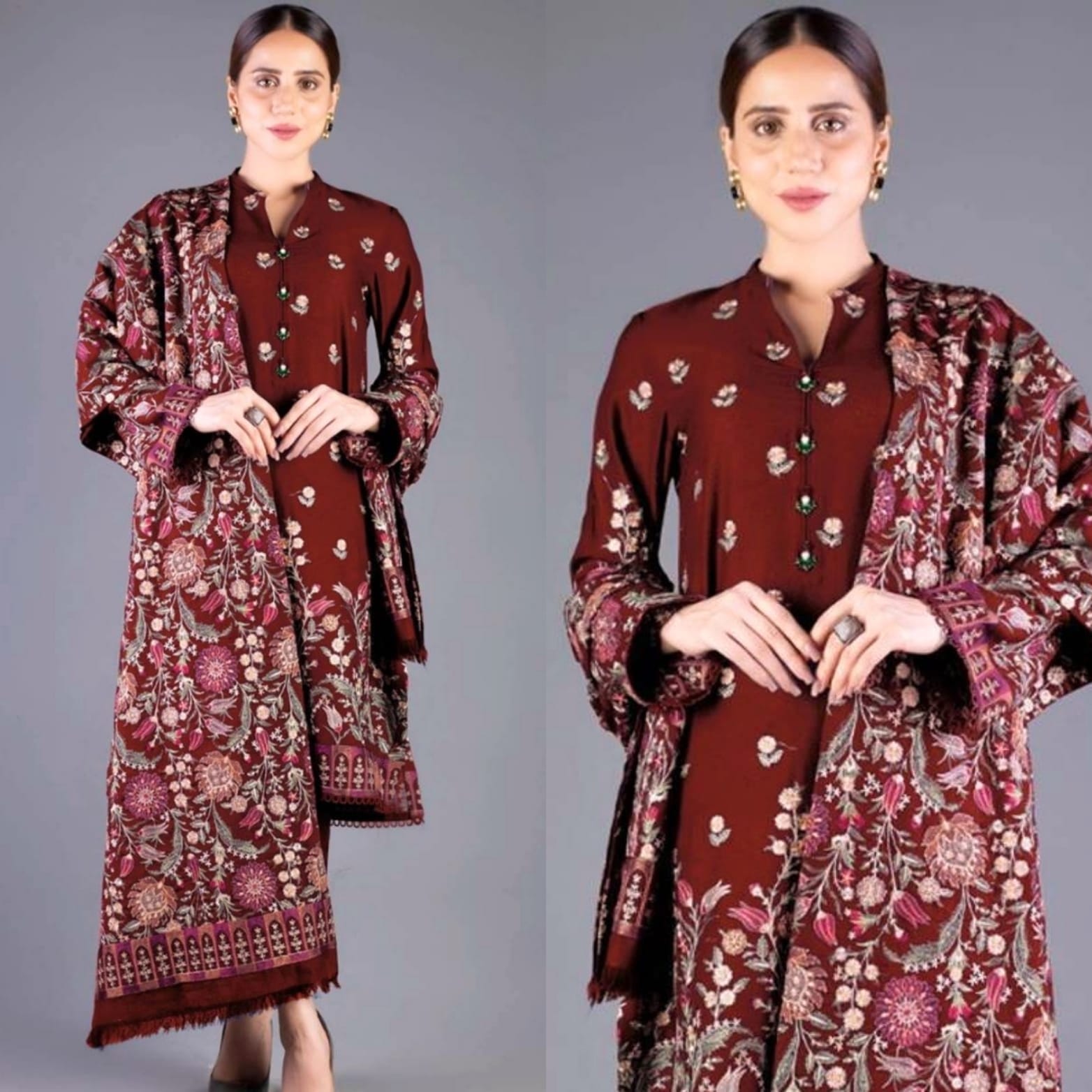 3PC EMBROIDERED DHANAK DRESS RO - 307