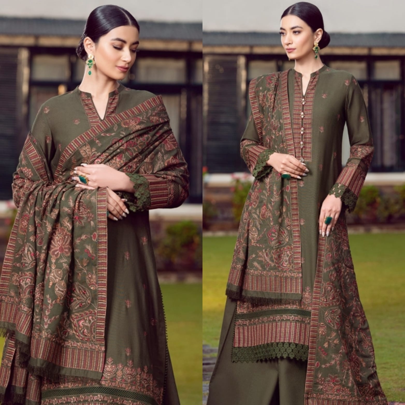 3PC EMBROIDERED DHANAK DRESS RO - 305