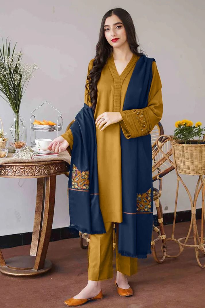 3PC EMBROIDERED DHANAK DRESS RO - 334