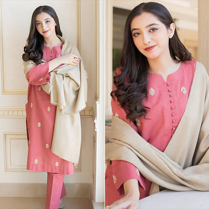 3PC EMBROIDERED DHANAK DRESS RO - 555