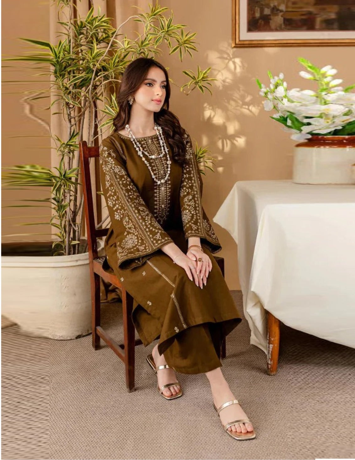 2PC EMBROIDERED DHANAK DRESS RO - 385