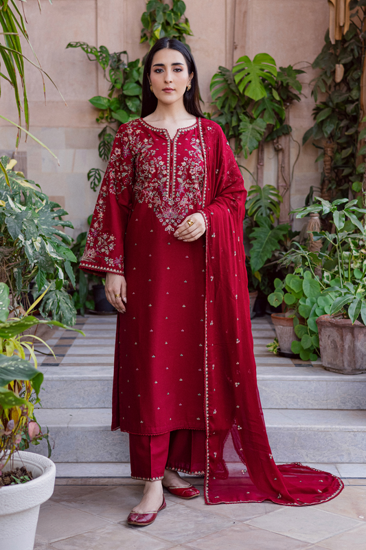 3PC EMBROIDERED DHANAK DRESS RO - 620