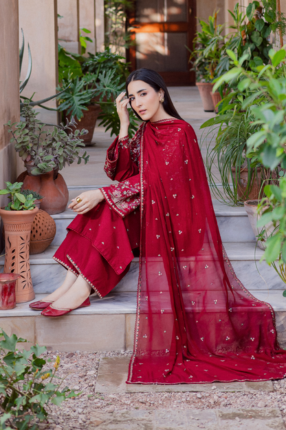 3PC EMBROIDERED DHANAK DRESS RO - 620