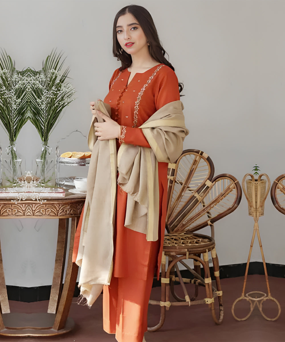 3PC EMBROIDERED DHANAK DRESS RO - 556