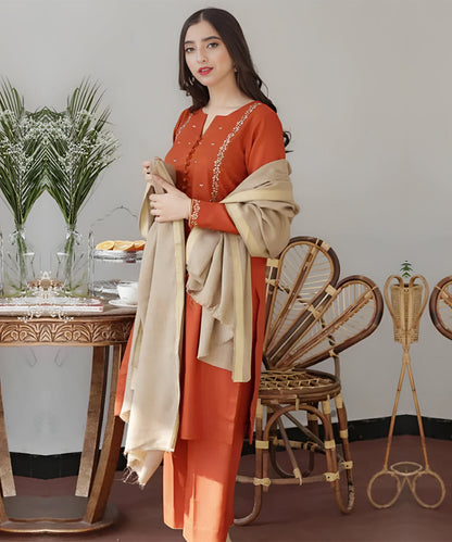 3PC EMBROIDERED DHANAK DRESS RO - 556