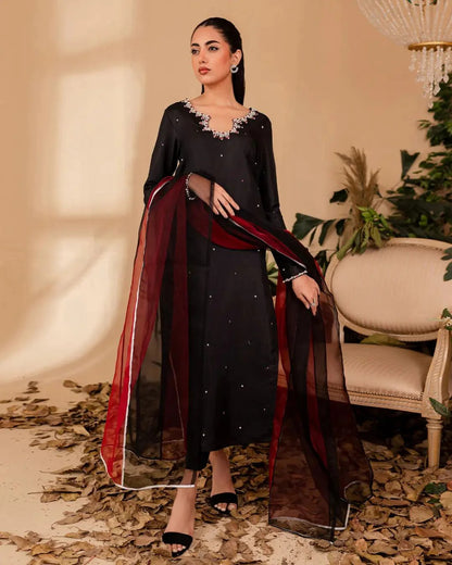 3PC HAND EMBALISHMENT SILK DRESS - RO-109