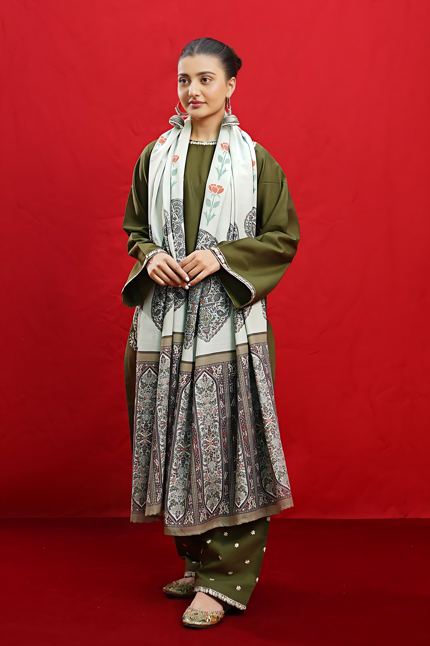 3PC EMBROIDERED DHANAK DRESS RO - 428