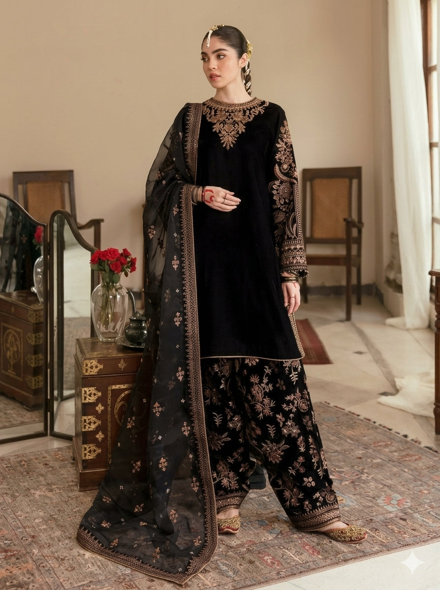 3PC EMBROIDERED MICRO 9000 VELVET DRESS - RO-538