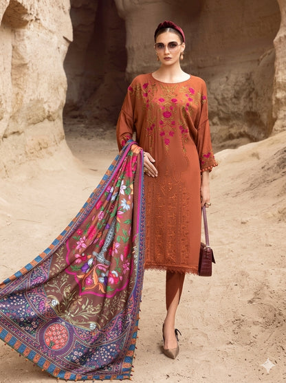 3PC EMBROIDERED DHANAK DRESS RO - 576
