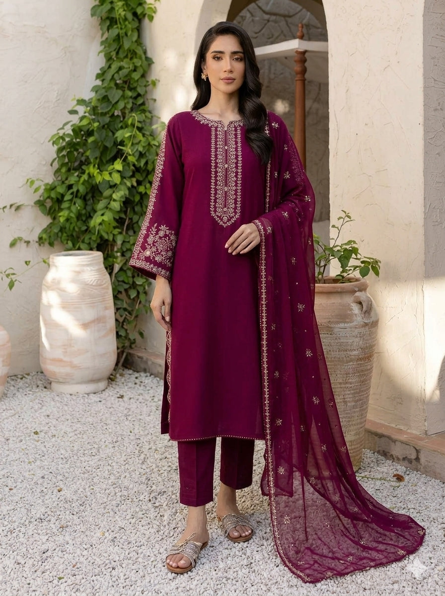 3PC EMBROIDERED DHANAK SUIT - RO-783