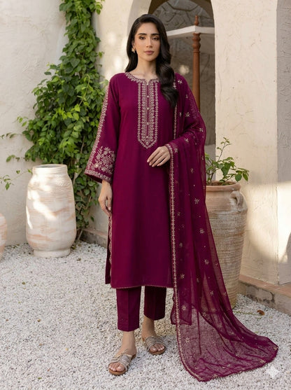 3PC EMBROIDERED DHANAK SUIT - RO-783