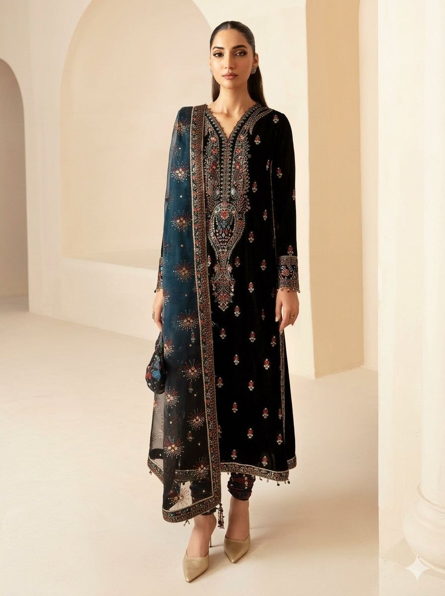 3PC EMBROIDERED MICRO 9000 VELVET DRESS - RO-621