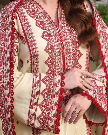 3PC EMBROIDERED DHANAK DRESS RO - 563