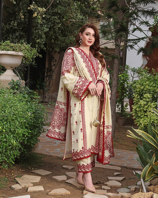 3PC EMBROIDERED DHANAK DRESS RO - 563