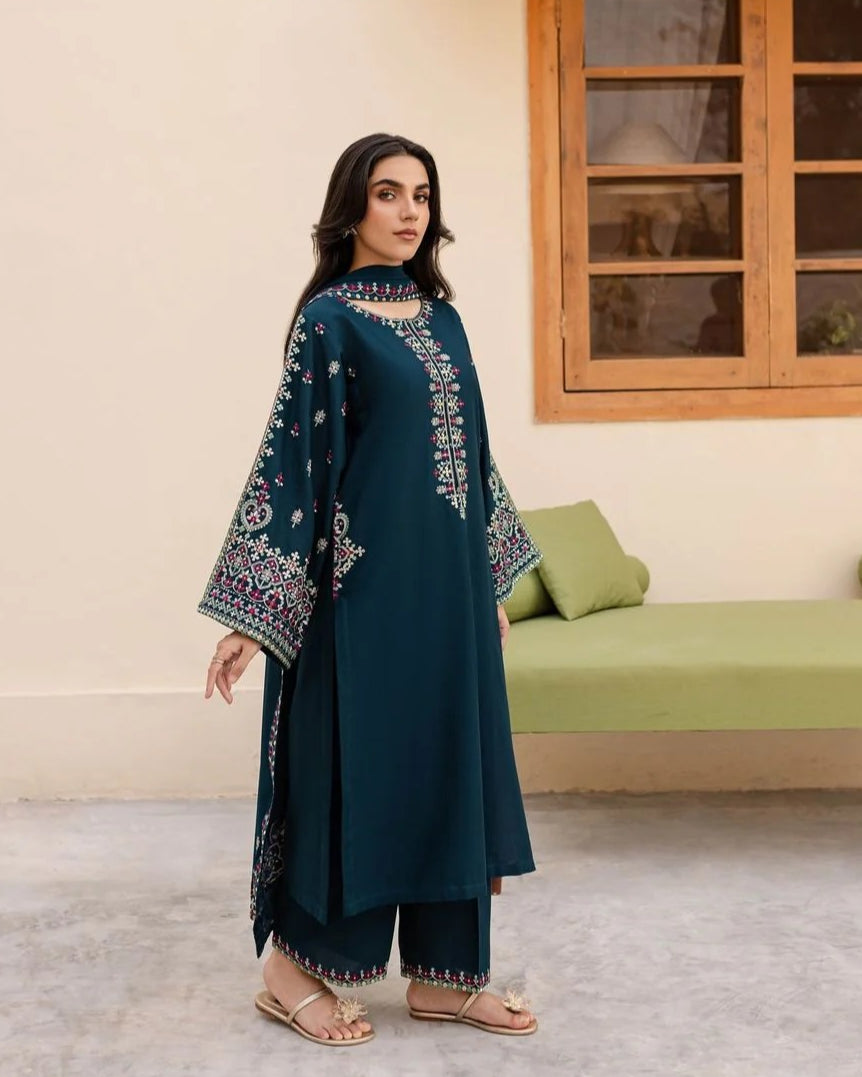 3PC EMBROIDERED DHANAK DRESS RO - 550