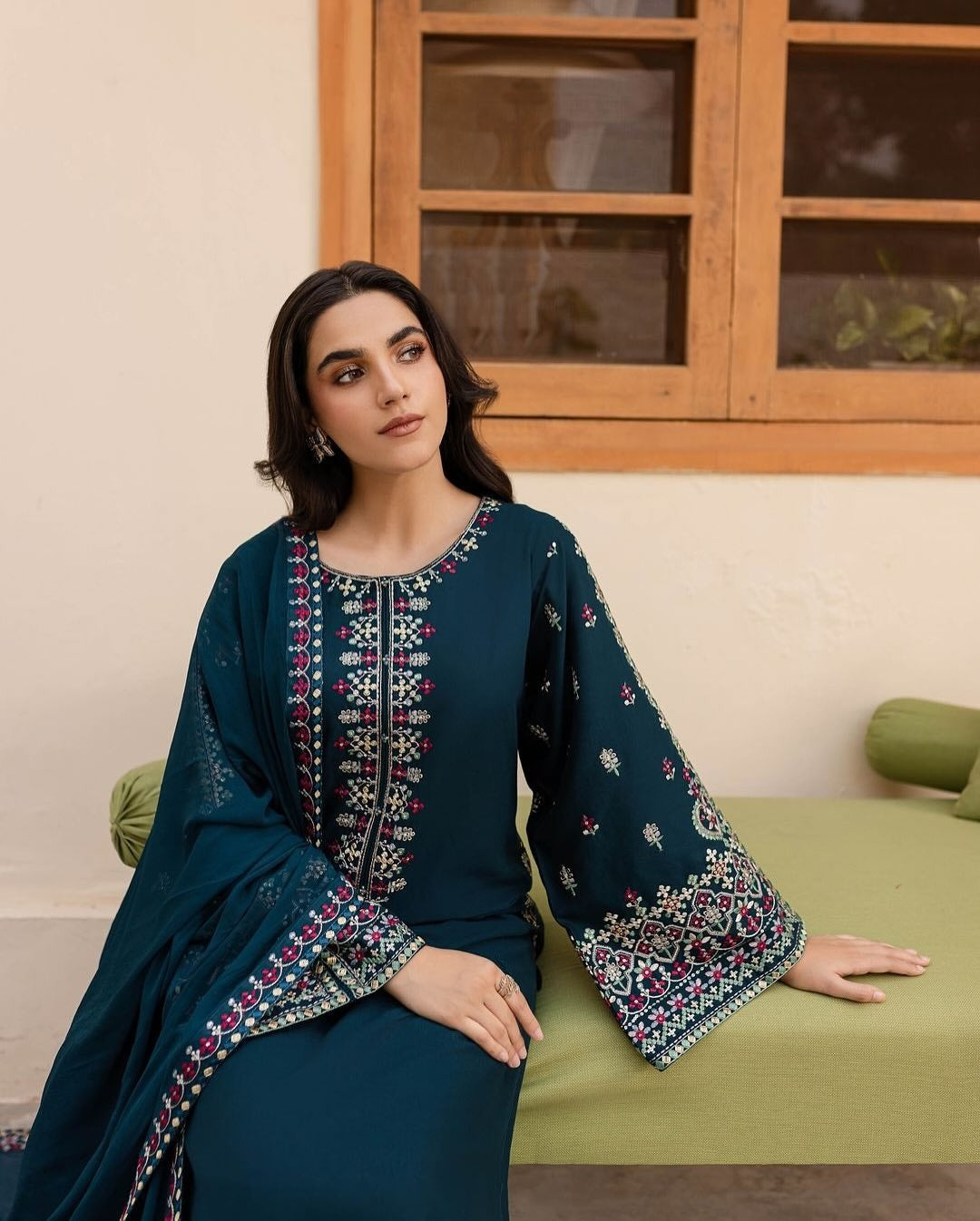 3PC EMBROIDERED DHANAK DRESS RO - 550
