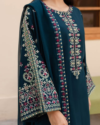 3PC EMBROIDERED DHANAK DRESS RO - 550