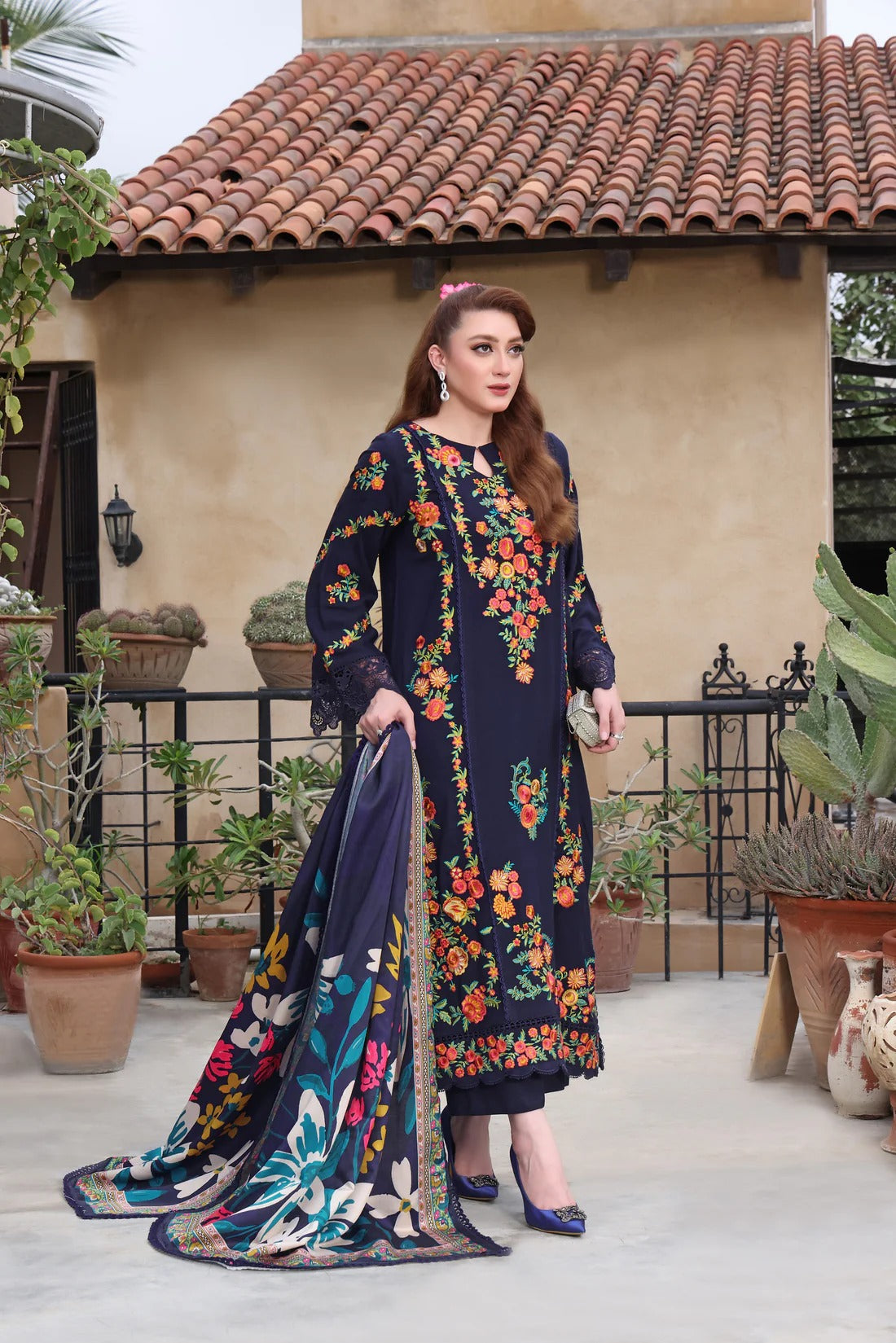 3PC EMBROIDERED DHANAK SUIT - RO-599