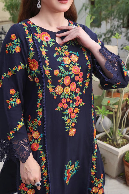 3PC EMBROIDERED DHANAK SUIT - RO-599