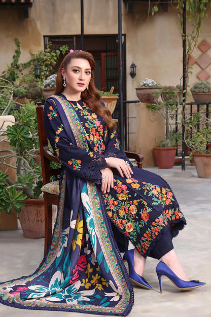 3PC EMBROIDERED DHANAK SUIT - RO-599