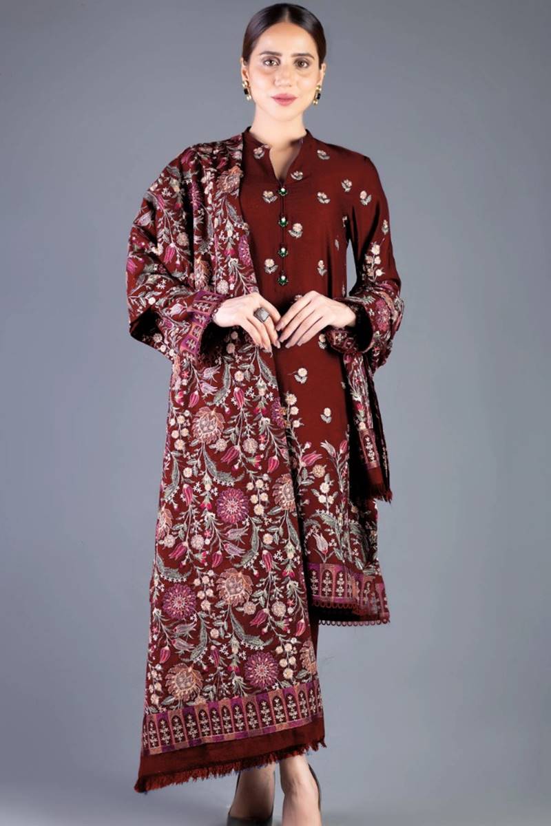 3PC EMBROIDERED DHANAK DRESS RO - 307