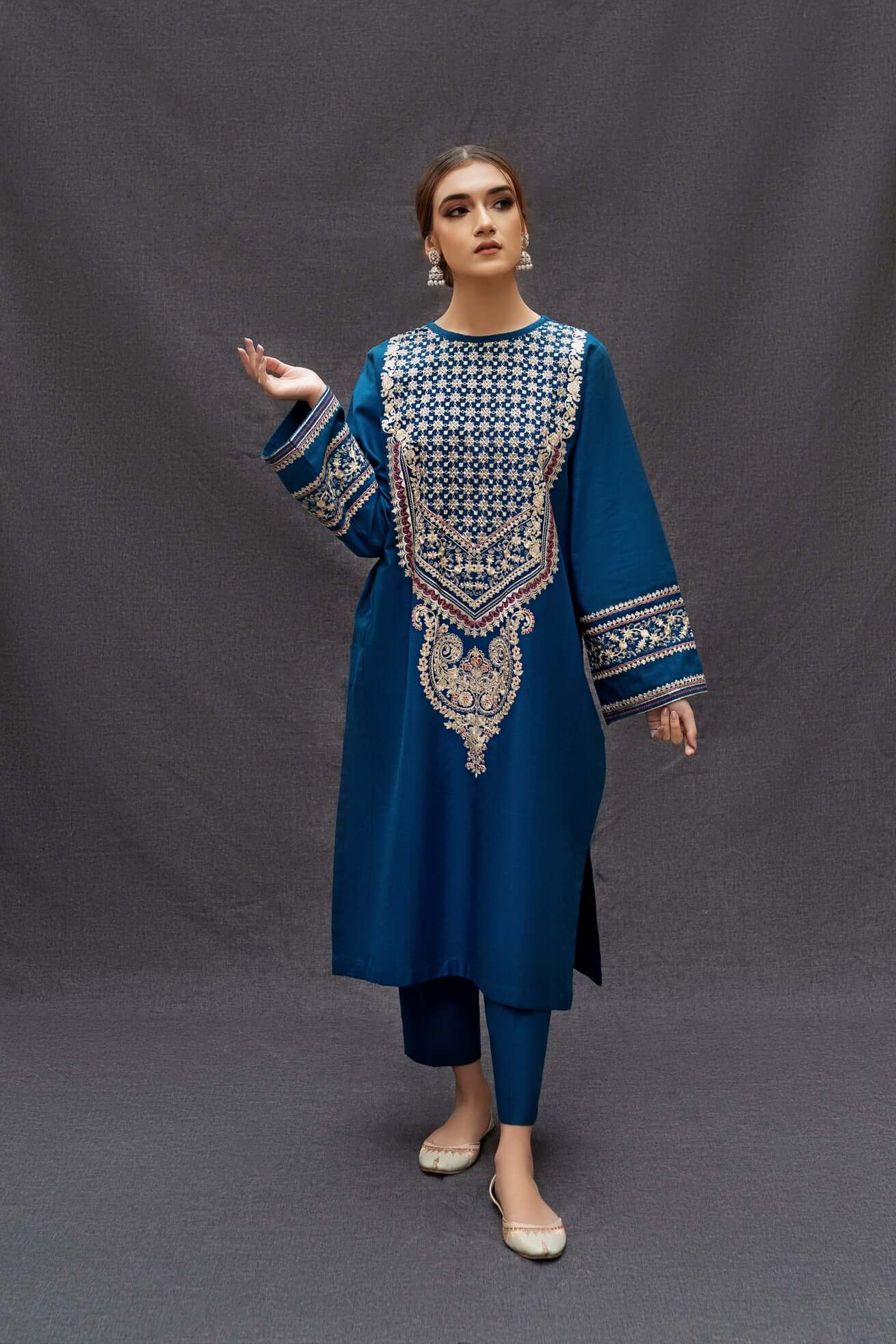 2PC EMBROIDERED DHANAK DRESS RO - 413