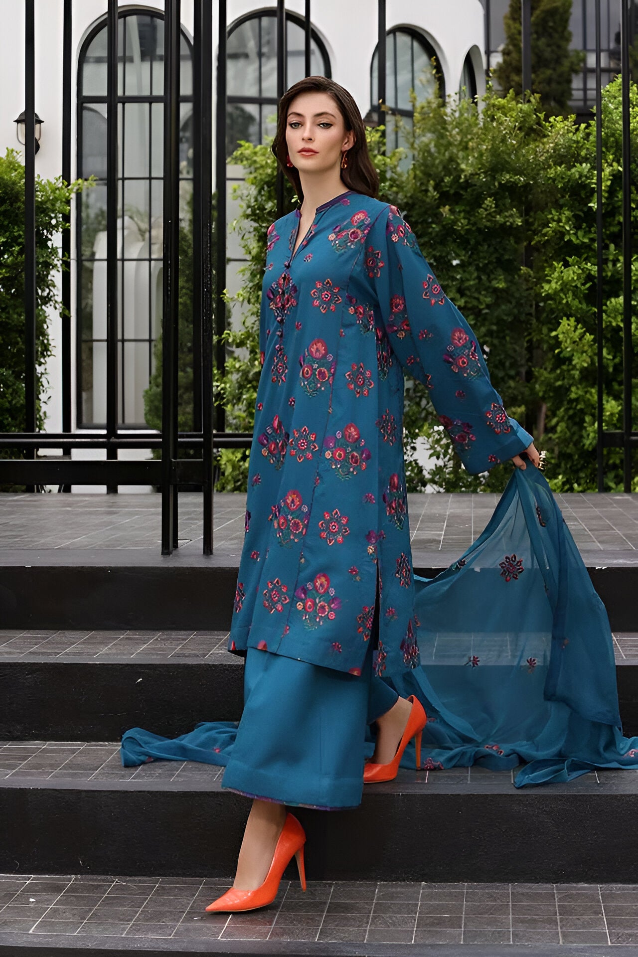 3PC EMBROIDERED DHANAK DRESS RO - 415